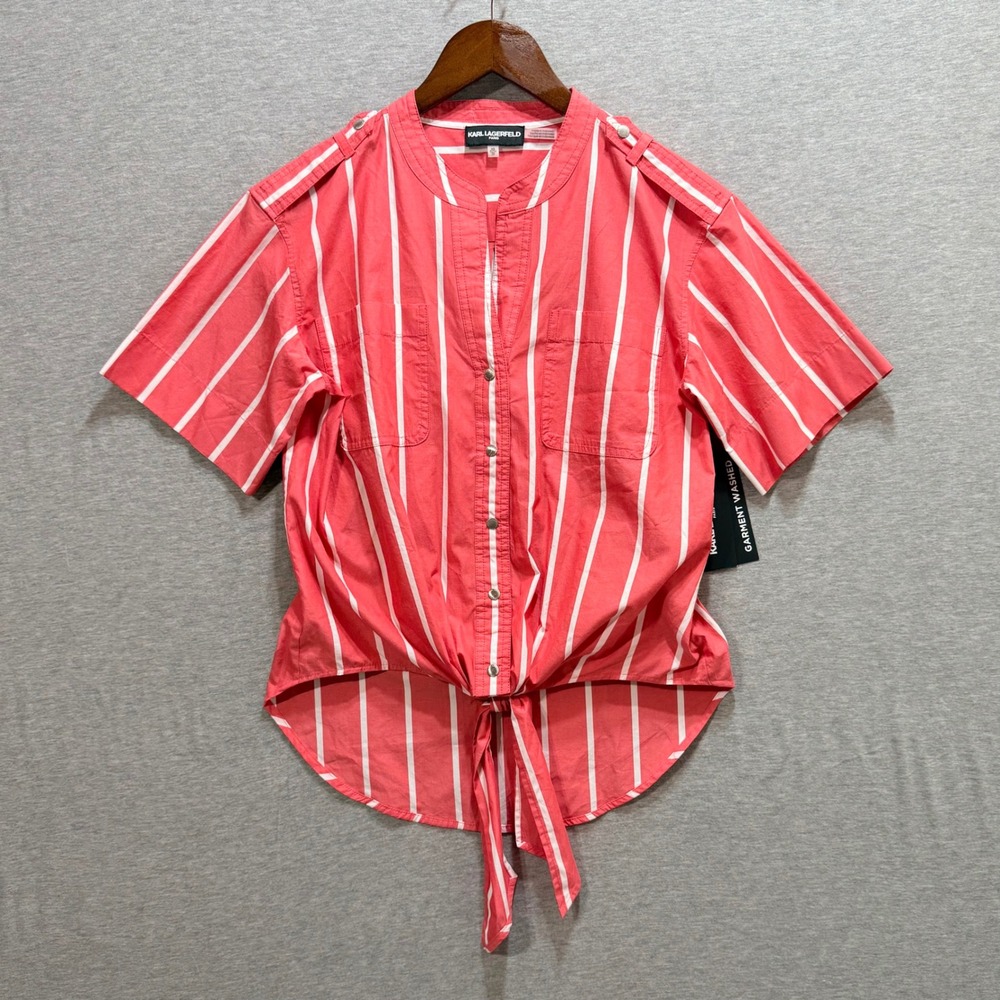 Karl Lagerfeld Paris Striped Tie Front Shirt Womens XS Coral Pink Nautical